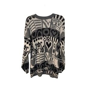 Vintage Huntington Ridge Heart Geometric Knit Sweater Grey Black‎ White Medium